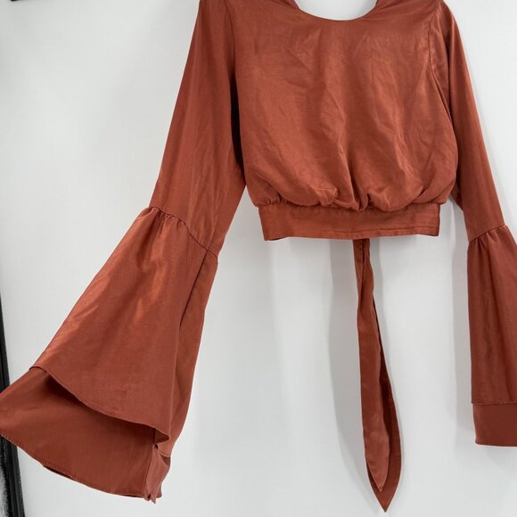 Louna Burnt Orange Tie-Back Long Bell Sleeve Cropped Top,  L Polyester/Spandex/R - Picture 7 of 11